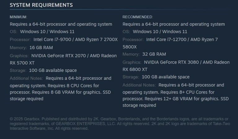 متطلبات تشغيل Borderlands 4 تتضمن 100 جيجابايت مساحة وRTX 3080 موصى بها