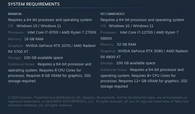 متطلبات تشغيل Borderlands 4 تتضمن 100 جيجابايت مساحة وRTX 3080 موصى بها